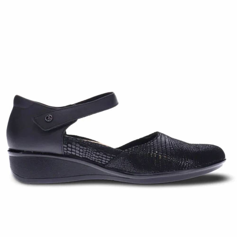 NEW REVERE women's osaka wedge mary jane in black lizard
